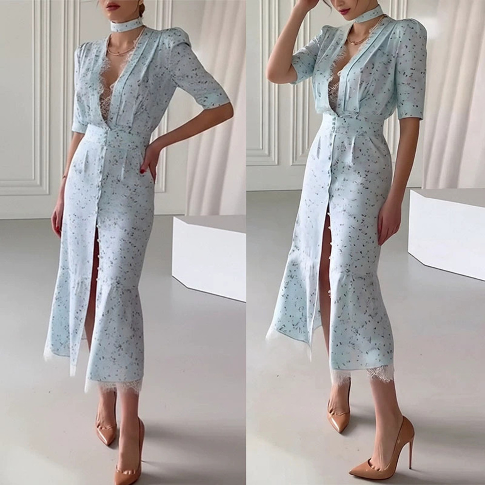 ZARA Elegant Summer Printed Lace Patchwork Dress with Collar